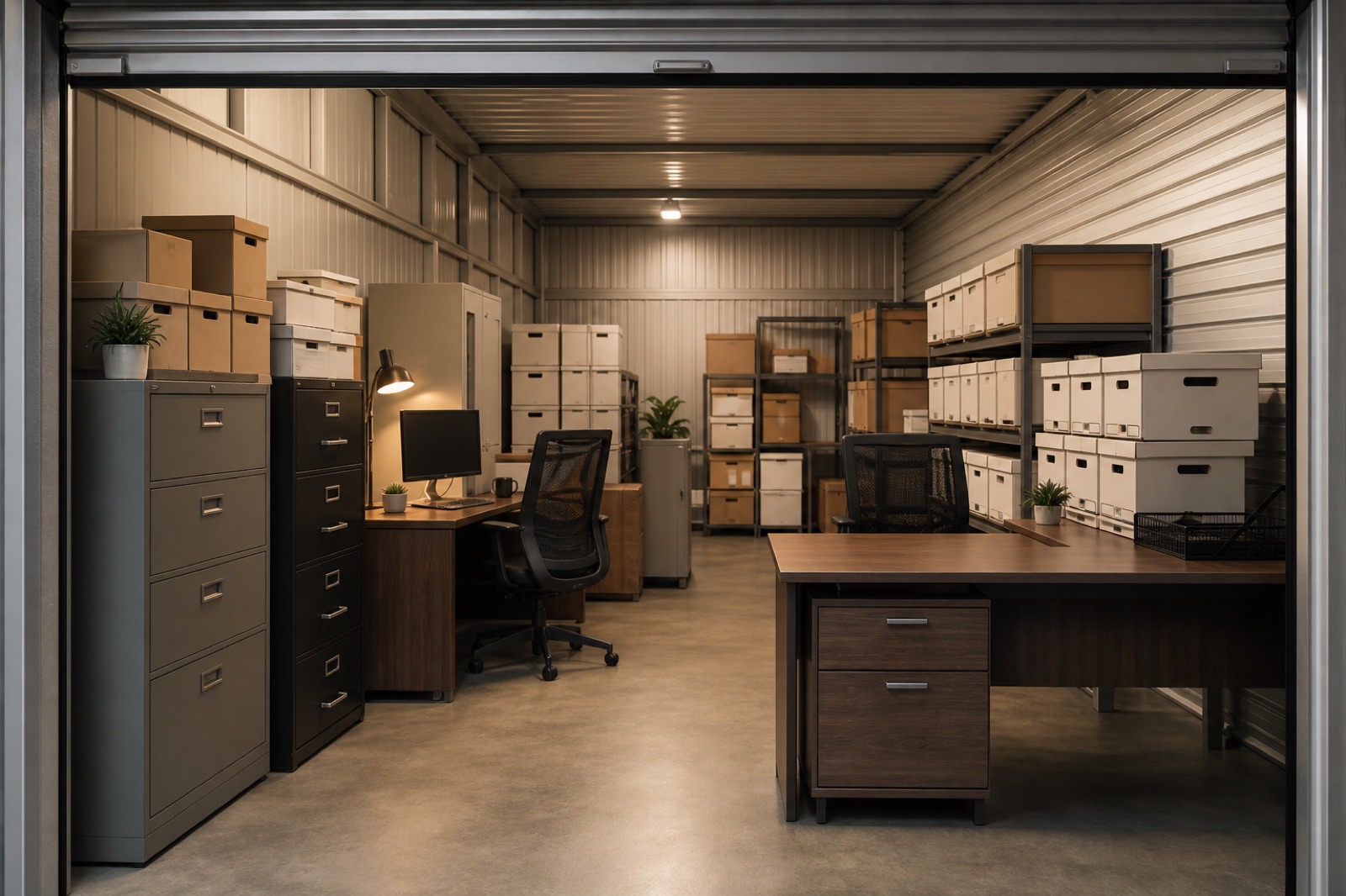 Office furniture and filing cabinets stored in a business storage unit
