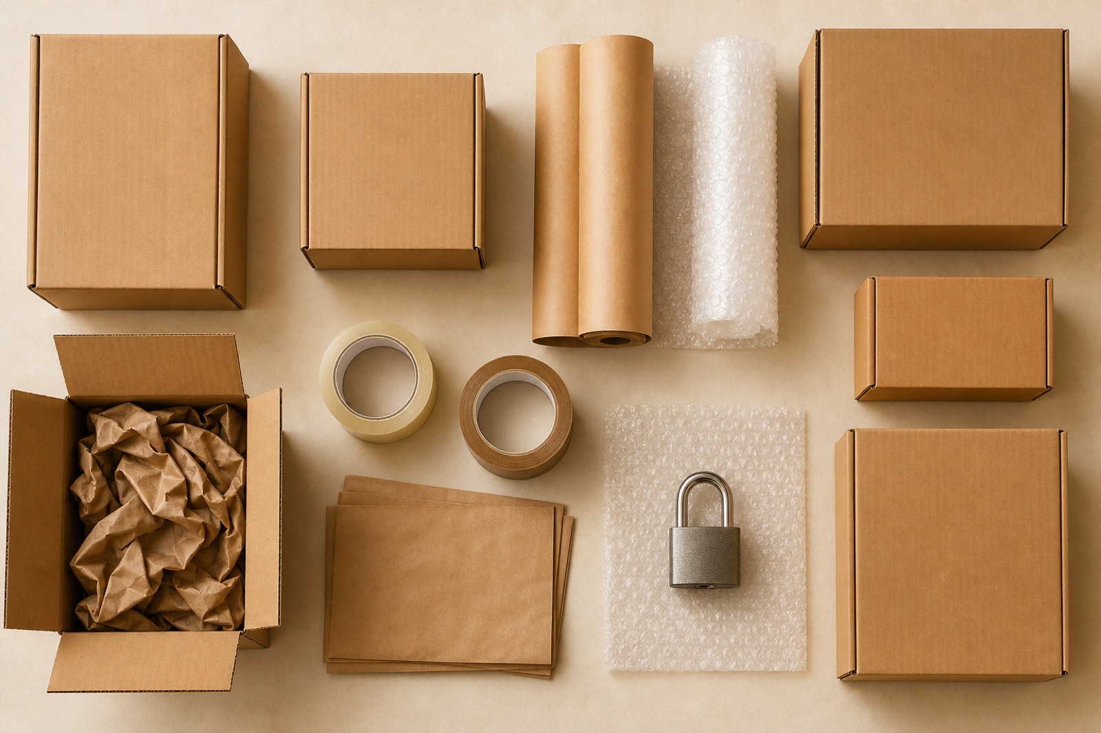 Moving and packing supplies including boxes, tape, bubble wrap, and padlocks