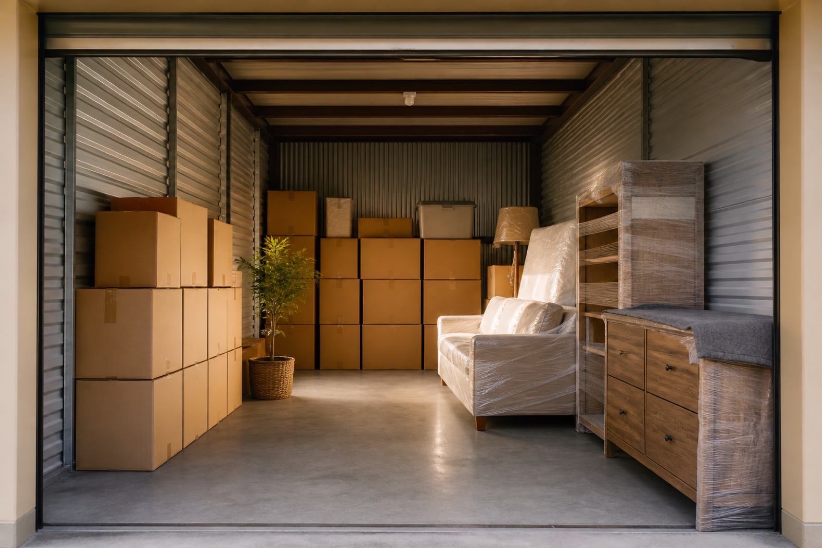 Neatly organized storage unit with labeled boxes and covered furniture