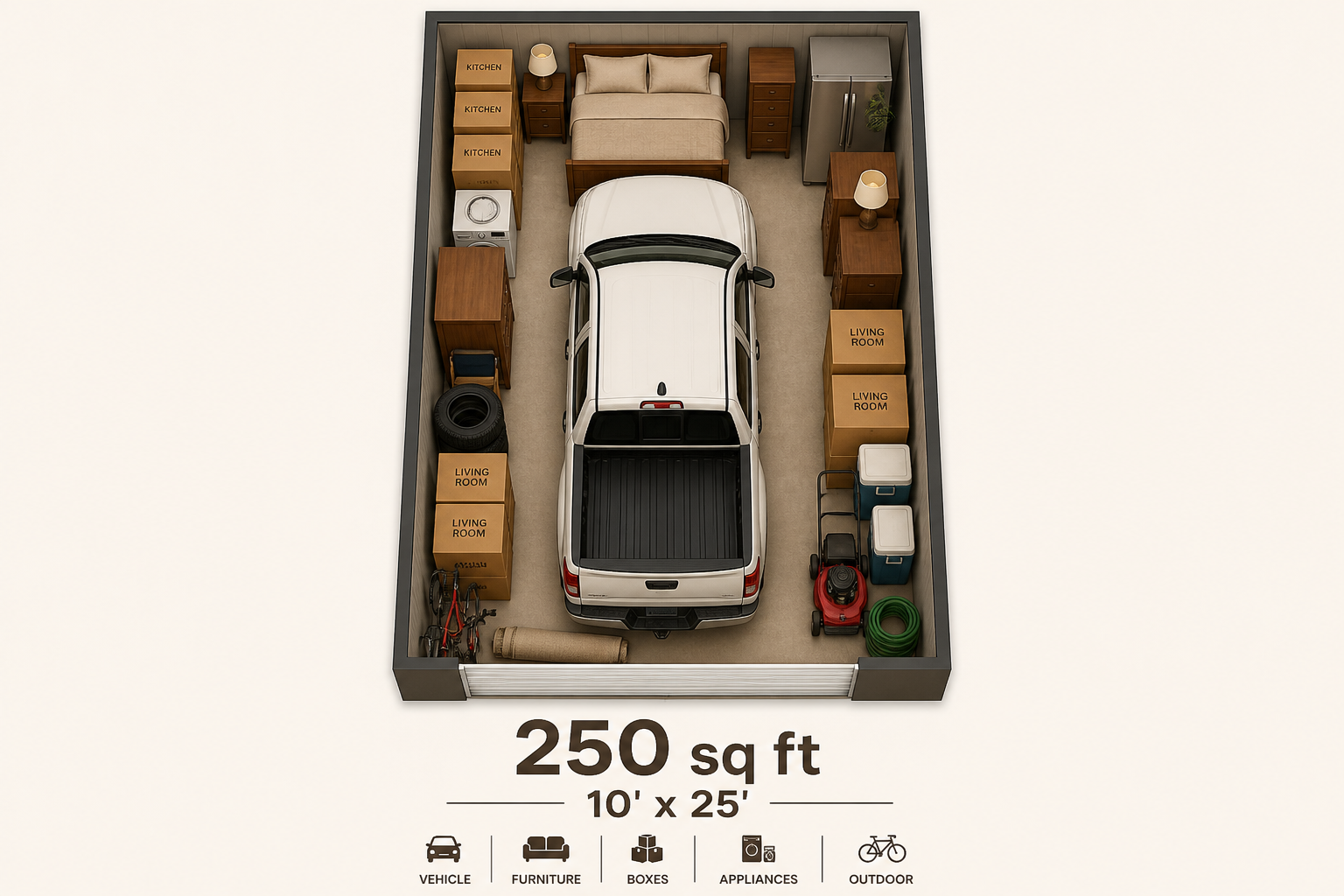 Floor plan of a 250 sq ft unit (10 by 25 feet)