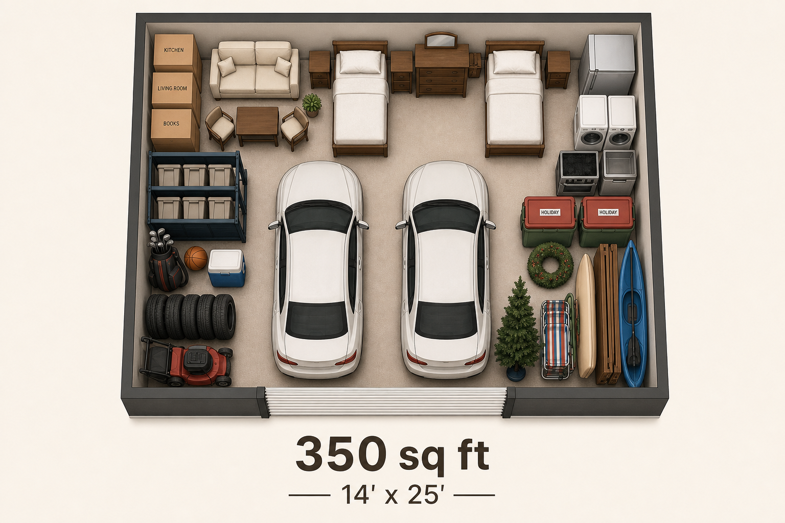 Floor plan of a 350 sq ft unit (14 by 25 feet)