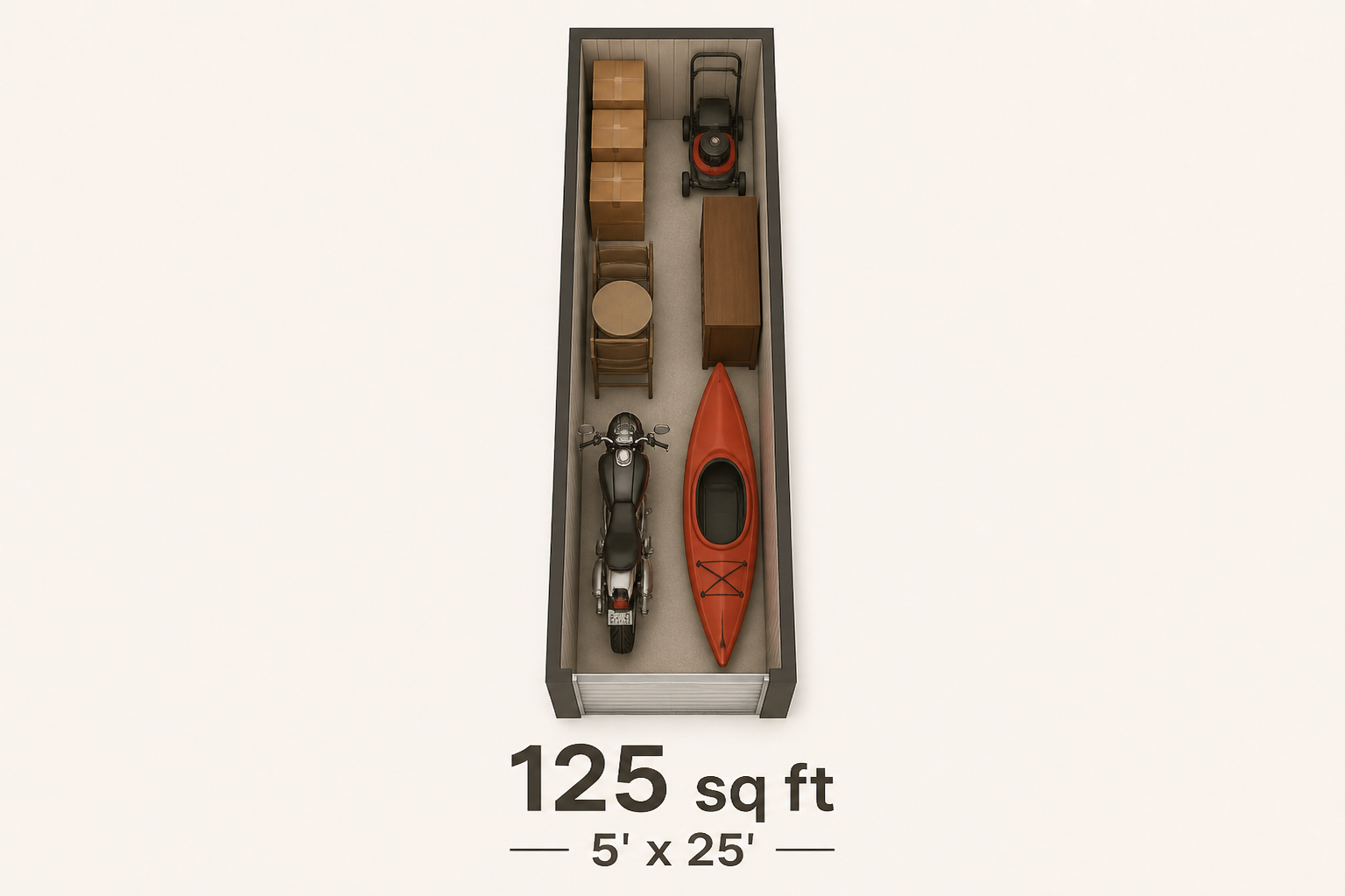 Floor plan of a 125 sq ft unit (5 by 25 feet)